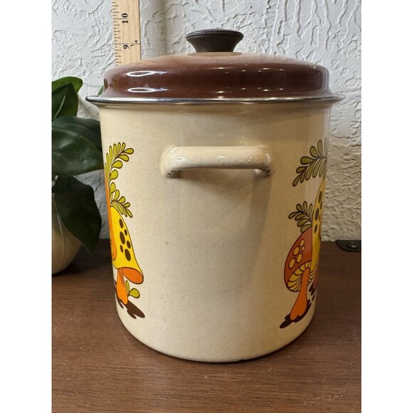 VINTAGE STOCK POT SEARS ENAMELWARE MERRY MUSHROOM RETRO ORANGE BROWN - Picture 4 of 7